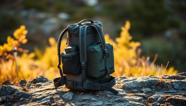 A minimalist yet functional pack carry system resting on a natural backdrop. The system features a sleek, lightweight frame with adjustable straps and a compact, streamlined silhouette. The gear is neatly organized and secured, ready for effortless transport on rugged trails. Warm, soft lighting illuminates the scene, casting gentle shadows that accentuate the system's form and practicality. The overall mood is one of efficiency, preparedness, and a harmony between the pack and its natural surroundings. A minimalist yet functional pack carry system resting on a natural backdrop. The system features a sleek, lightweight frame with adjustable straps and a compact, streamlined silhouette. The gear is neatly organized and secured, ready for effortless transport on rugged trails. Warm, soft lighting illuminates the scene, casting gentle shadows that accentuate the system's form and practicality. The overall mood is one of efficiency, preparedness, and a harmony between the pack and its natural surroundings.