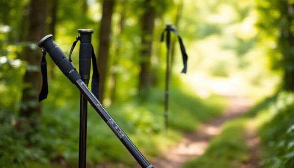 A pair of adjustable carbon fiber trekking poles, their sleek and lightweight frames gleaming under a soft, natural lighting. The poles are folded and arranged in the foreground, showcasing their compact, portable design. In the middle ground, the poles are partially extended, revealing their telescoping mechanism and sturdy locking system. The background features a blurred trail winding through a lush, verdant forest, hinting at the versatility of these poles for outdoor adventures. A pair of adjustable carbon fiber trekking poles, their sleek and lightweight frames gleaming under a soft, natural lighting. The poles are folded and arranged in the foreground, showcasing their compact, portable design. In the middle ground, the poles are partially extended, revealing their telescoping mechanism and sturdy locking system. The background features a blurred trail winding through a lush, verdant forest, hinting at the versatility of these poles for outdoor adventures.