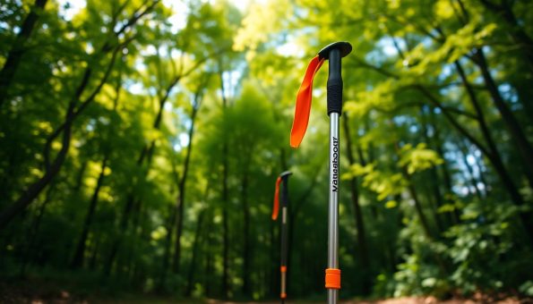 A pair of lightweight, foldable trekking poles standing upright against a natural background. The poles are constructed with sturdy aluminum alloy, with ergonomic foam grips and adjustable wrist straps. They are silver in color with vibrant orange accents. The poles are set against a backdrop of lush, verdant forest, with dappled sunlight filtering through the canopy above, creating a warm, earthy atmosphere. The scene is captured from a low angle, emphasizing the height and sturdiness of the poles, while the depth of field blurs the foliage in the background, keeping the focus on the key subject.