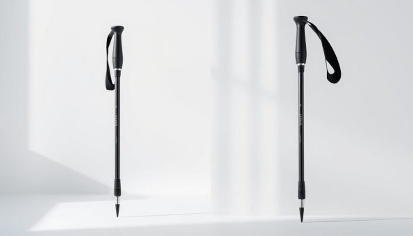 A pair of sleek, lightweight carbon running poles stand upright against a clean, minimalist background. The poles have a matte black finish, with subtle metallic accents and ergonomic grips. The scene is illuminated by soft, natural lighting, creating gentle shadows that accentuate the poles' streamlined design. The focus is sharp, drawing the viewer's attention to the intricate details of the carbon fiber construction and the thoughtful engineering that makes these poles an ideal choice for trail running - lightweight, durable, and optimized for speed and performance. A pair of sleek, lightweight carbon running poles stand upright against a clean, minimalist background. The poles have a matte black finish, with subtle metallic accents and ergonomic grips. The scene is illuminated by soft, natural lighting, creating gentle shadows that accentuate the poles' streamlined design. The focus is sharp, drawing the viewer's attention to the intricate details of the carbon fiber construction and the thoughtful engineering that makes these poles an ideal choice for trail running - lightweight, durable, and optimized for speed and performance.
