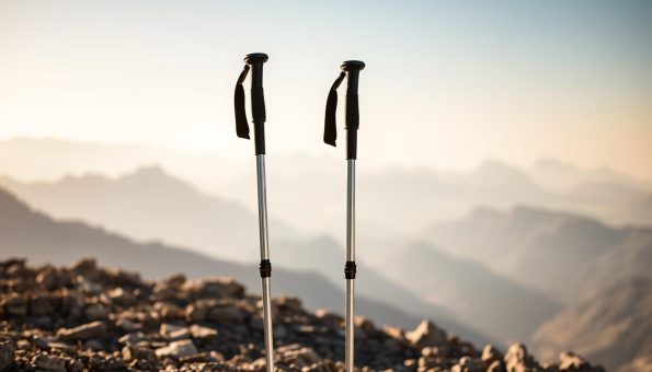 A pair of sleek, silver aluminum trekking poles standing upright on a rugged, rocky surface, illuminated by warm, natural lighting. The poles have adjustable, padded grips and sturdy, lightweight shafts, gleaming in the soft, diffused light. In the background, a majestic mountain range stretches out, hazy and atmospheric, creating a sense of scale and adventure. The scene conveys the durability, functionality, and outdoorsy aesthetic of these essential hiking accessories. A pair of sleek, silver aluminum trekking poles standing upright on a rugged, rocky surface, illuminated by warm, natural lighting. The poles have adjustable, padded grips and sturdy, lightweight shafts, gleaming in the soft, diffused light. In the background, a majestic mountain range stretches out, hazy and atmospheric, creating a sense of scale and adventure. The scene conveys the durability, functionality, and outdoorsy aesthetic of these essential hiking accessories.