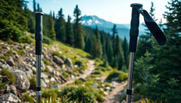 A pair of sturdy, high-quality trekking poles stand in the foreground, their metal shafts and ergonomic grips gleaming in the soft, natural lighting. In the middle ground, a rugged mountain trail winds through a lush, verdant forest, with towering evergreen trees and a distant, snow-capped peak visible in the background. The scene conveys a sense of adventure, exploration, and the serene tranquility of the great outdoors, perfectly capturing the essence of the difference between hiking poles and specialized trekking poles. A pair of sturdy, high-quality trekking poles stand in the foreground, their metal shafts and ergonomic grips gleaming in the soft, natural lighting. In the middle ground, a rugged mountain trail winds through a lush, verdant forest, with towering evergreen trees and a distant, snow-capped peak visible in the background. The scene conveys a sense of adventure, exploration, and the serene tranquility of the great outdoors, perfectly capturing the essence of the difference between hiking poles and specialized trekking poles.