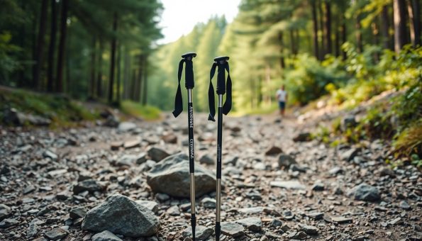 A pair of trekking poles stand firmly in the foreground, their aluminum and carbon fiber construction contrasting against a rocky, rugged trail. The poles are angled slightly, capturing the dynamic motion of an active hike. Behind them, a lush, verdant forest stretches out, hinting at the adventurous journey ahead. Soft, diffused lighting bathes the scene, evoking a sense of tranquility and exploration. The overall composition emphasizes the key differences between the two materials, inviting the viewer to consider their unique properties and which would be better suited for their next outdoor excursion.