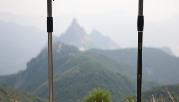 A pair of trekking poles stand in the foreground, their metallic shafts gleaming under soft, even lighting. The poles are positioned at a slight angle, conveying a sense of purposeful motion. In the middle ground, a rugged, mountainous landscape unfolds, with jagged peaks and lush, verdant foliage. The background is hazy, creating a sense of depth and atmosphere. The overall scene has a calm, contemplative mood, inviting the viewer to imagine the journey these poles would facilitate through the great outdoors.