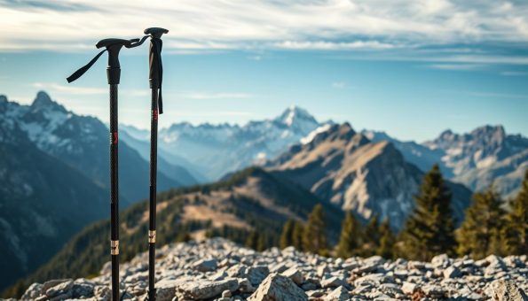 A rugged, adventurous scene of carbon fiber trekking poles set against a breathtaking mountainous landscape. The poles are expertly crafted, their sleek carbon fiber surfaces gleaming in the soft, warm lighting. In the foreground, the poles are firmly planted in the rocky terrain, ready to support the hiker's every step. The middle ground reveals a winding trail leading up the towering peaks, their snow-capped summits piercing the azure sky. The background is a panoramic vista of jagged, majestic mountains, their slopes dotted with lush evergreen trees. The overall mood is one of strength, durability, and the thrill of conquering challenging terrain. A rugged, adventurous scene of carbon fiber trekking poles set against a breathtaking mountainous landscape. The poles are expertly crafted, their sleek carbon fiber surfaces gleaming in the soft, warm lighting. In the foreground, the poles are firmly planted in the rocky terrain, ready to support the hiker's every step. The middle ground reveals a winding trail leading up the towering peaks, their snow-capped summits piercing the azure sky. The background is a panoramic vista of jagged, majestic mountains, their slopes dotted with lush evergreen trees. The overall mood is one of strength, durability, and the thrill of conquering challenging terrain.