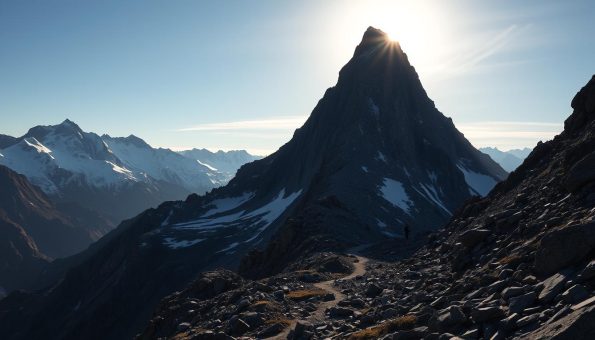 A rugged and imposing black diamond-shaped alpine peak rises majestically against a backdrop of snow-capped mountains. The low-angled afternoon sun casts long shadows across the jagged terrain, creating a dramatic interplay of light and shadow. In the foreground, a narrow trail winds its way through the rocky landscape, leading hikers on a challenging yet rewarding journey. The scene conveys a sense of adventure, resilience, and the raw power of nature, perfectly capturing the essence of the most durable and 4-season-ready trekking poles. A rugged and imposing black diamond-shaped alpine peak rises majestically against a backdrop of snow-capped mountains. The low-angled afternoon sun casts long shadows across the jagged terrain, creating a dramatic interplay of light and shadow. In the foreground, a narrow trail winds its way through the rocky landscape, leading hikers on a challenging yet rewarding journey. The scene conveys a sense of adventure, resilience, and the raw power of nature, perfectly capturing the essence of the most durable and 4-season-ready trekking poles.