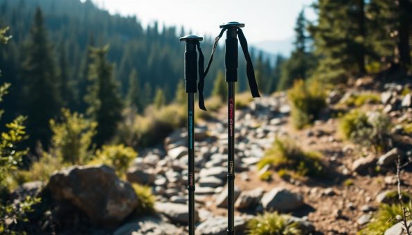 A rugged outdoor scene with two hiking poles standing upright, representing the choice between carbon fiber and aluminum. The poles are positioned prominently in the foreground, with a lush forest backdrop and a glimpse of a rocky trail in the middle ground. The lighting is natural and warm, casting soft shadows that accentuate the textures and materials of the poles. The overall mood is one of exploration and decision-making, inviting the viewer to consider the merits of each pole type for their hiking and trekking needs.