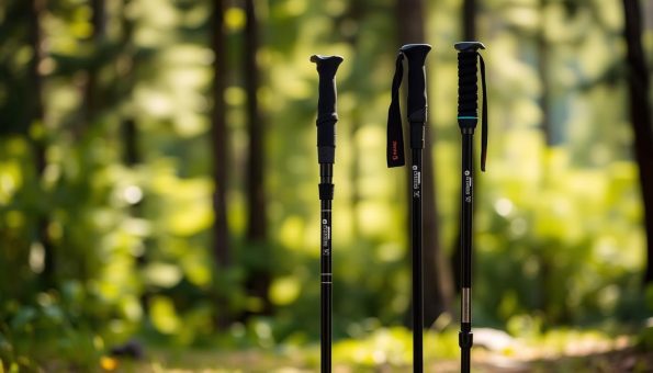 A still life photograph of three trekking poles representing different weight classes, positioned in a natural outdoor setting. The poles are arranged in the foreground, with the lightest pole in the center, flanked by a lightweight and a sturdier pole. Soft, diffused natural lighting illuminates the scene, casting subtle shadows that emphasize the texture and materials of the poles. The background features a blurred, lush forest landscape, evoking a sense of adventure and exploration. The image aims to visually convey the key differences in weight and construction among the three trekking pole categories discussed in the article. A still life photograph of three trekking poles representing different weight classes, positioned in a natural outdoor setting. The poles are arranged in the foreground, with the lightest pole in the center, flanked by a lightweight and a sturdier pole. Soft, diffused natural lighting illuminates the scene, casting subtle shadows that emphasize the texture and materials of the poles. The background features a blurred, lush forest landscape, evoking a sense of adventure and exploration. The image aims to visually convey the key differences in weight and construction among the three trekking pole categories discussed in the article.
