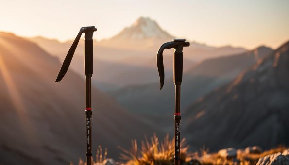 A sturdy pair of telescoping trekking poles, made of lightweight aluminum, standing tall against a backdrop of rugged mountain terrain. The poles extend and retract smoothly, with ergonomic grip handles and adjustable wrist straps. A warm, golden-hour light bathes the scene, casting long shadows that accentuate the poles' sleek, cylindrical design. In the distance, a majestic, snow-capped peak pierces the horizon, hinting at the adventurous journey ahead. The overall atmosphere evokes a sense of preparedness, durability, and the thrill of outdoor exploration. A sturdy pair of telescoping trekking poles, made of lightweight aluminum, standing tall against a backdrop of rugged mountain terrain. The poles extend and retract smoothly, with ergonomic grip handles and adjustable wrist straps. A warm, golden-hour light bathes the scene, casting long shadows that accentuate the poles' sleek, cylindrical design. In the distance, a majestic, snow-capped peak pierces the horizon, hinting at the adventurous journey ahead. The overall atmosphere evokes a sense of preparedness, durability, and the thrill of outdoor exploration.