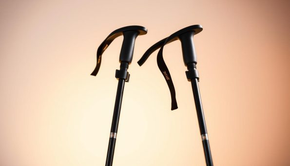 A well-lit, close-up studio shot of a pair of adjustable trekking poles, their length clearly visible. The poles are positioned diagonally, with the straps and grip mechanisms prominently displayed. The background is clean and uncluttered, allowing the technical details of the poles to take center stage. The lighting casts a warm, natural glow, accentuating the materials and design of the poles. The camera angle is slightly elevated, providing a clear view of the pole length and strap setup. The overall composition is balanced and visually appealing, showcasing the key features necessary for understanding how to properly size and set up trekking poles for trail running. A well-lit, close-up studio shot of a pair of adjustable trekking poles, their length clearly visible. The poles are positioned diagonally, with the straps and grip mechanisms prominently displayed. The background is clean and uncluttered, allowing the technical details of the poles to take center stage. The lighting casts a warm, natural glow, accentuating the materials and design of the poles. The camera angle is slightly elevated, providing a clear view of the pole length and strap setup. The overall composition is balanced and visually appealing, showcasing the key features necessary for understanding how to properly size and set up trekking poles for trail running.