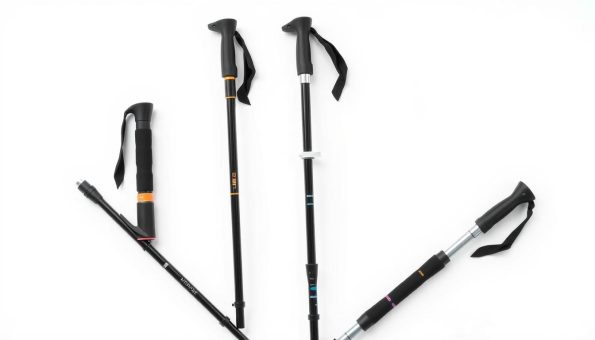 A well-lit, high-resolution photograph of three different styles of trekking poles arranged on a plain white background. The foreground features a telescoping pole, a Z-fold pole, and a fixed-length pole, all made of sturdy aluminum with ergonomic grips. The middle ground showcases the adjustment mechanisms and locking systems of each pole design. The background is evenly lit to highlight the materials, colors, and textures of the poles. The image has a clean, minimalist aesthetic to emphasize the technical details and differences between the pole types. A well-lit, high-resolution photograph of three different styles of trekking poles arranged on a plain white background. The foreground features a telescoping pole, a Z-fold pole, and a fixed-length pole, all made of sturdy aluminum with ergonomic grips. The middle ground showcases the adjustment mechanisms and locking systems of each pole design. The background is evenly lit to highlight the materials, colors, and textures of the poles. The image has a clean, minimalist aesthetic to emphasize the technical details and differences between the pole types.