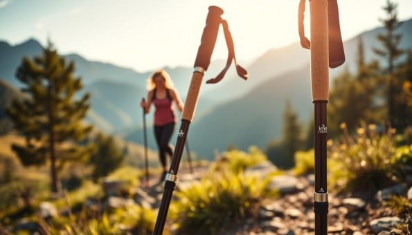 High-quality image of Leki Cressida Cork Lite trekking poles in a natural outdoor setting, showcasing their women's-specific design and features. Foreground features the poles in detail, highlighting the cork grip, adjustable length, and other ergonomic elements. Middle ground shows the poles in use by a female hiker on a rocky trail, with lush greenery and mountains in the background. Warm, natural lighting illuminates the scene, creating a serene and adventurous atmosphere. Lens is set to a medium focal length to capture both the poles and the hiker's surroundings. The overall composition emphasizes the poles' suitability for women's needs in a beautiful outdoor setting. High-quality image of Leki Cressida Cork Lite trekking poles in a natural outdoor setting, showcasing their women's-specific design and features. Foreground features the poles in detail, highlighting the cork grip, adjustable length, and other ergonomic elements. Middle ground shows the poles in use by a female hiker on a rocky trail, with lush greenery and mountains in the background. Warm, natural lighting illuminates the scene, creating a serene and adventurous atmosphere. Lens is set to a medium focal length to capture both the poles and the hiker's surroundings. The overall composition emphasizes the poles' suitability for women's needs in a beautiful outdoor setting.