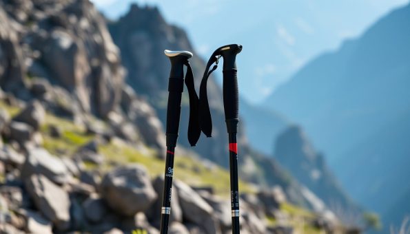 High-quality trekking poles made of durable carbon fiber, standing upright against a rocky mountain backdrop. The poles have adjustable length and ergonomic grips, with sturdy metal tips designed for traversing varied terrain. Diffused natural light creates gentle shadows, emphasizing the poles' sleek silhouette. The scene conveys a sense of adventure and preparation for an active outdoor excursion on rugged hiking trails. High-quality trekking poles made of durable carbon fiber, standing upright against a rocky mountain backdrop. The poles have adjustable length and ergonomic grips, with sturdy metal tips designed for traversing varied terrain. Diffused natural light creates gentle shadows, emphasizing the poles' sleek silhouette. The scene conveys a sense of adventure and preparation for an active outdoor excursion on rugged hiking trails.